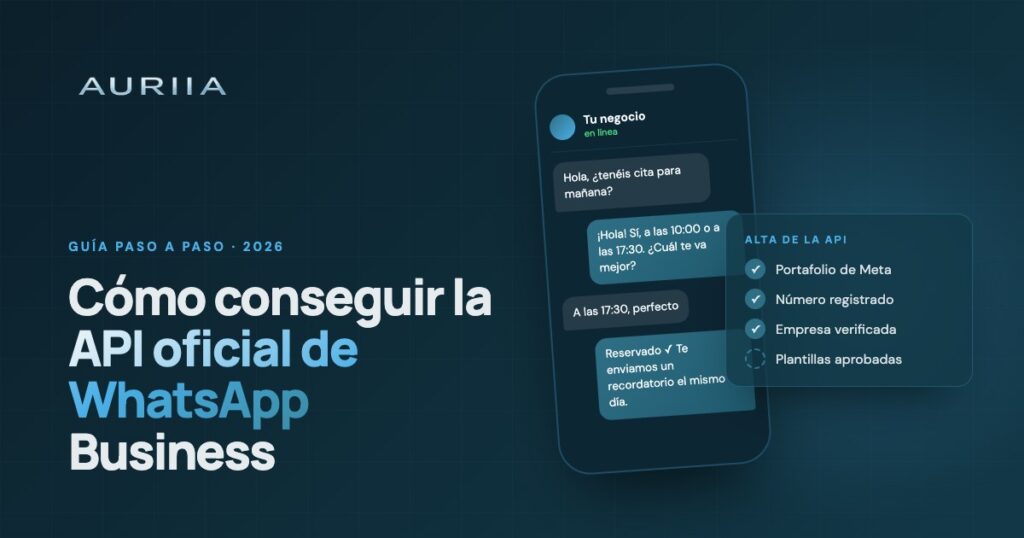 Ilustración: móvil con una conversación de WhatsApp y los pasos para dar de alta la API